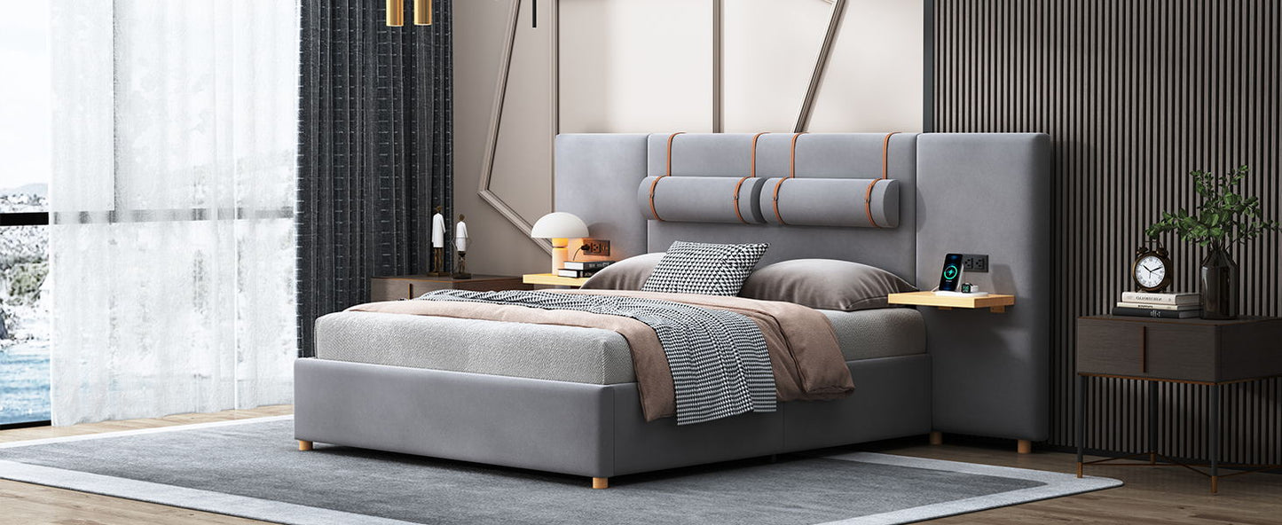 Queen Upholstered Platform Bed, 2 Outlets And USB Charging Ports On Both Sides, 2 Bedside Pillows, Storage Shelves - Gray