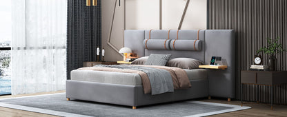 Queen Upholstered Platform Bed, 2 Outlets And USB Charging Ports On Both Sides, 2 Bedside Pillows, Storage Shelves - Gray