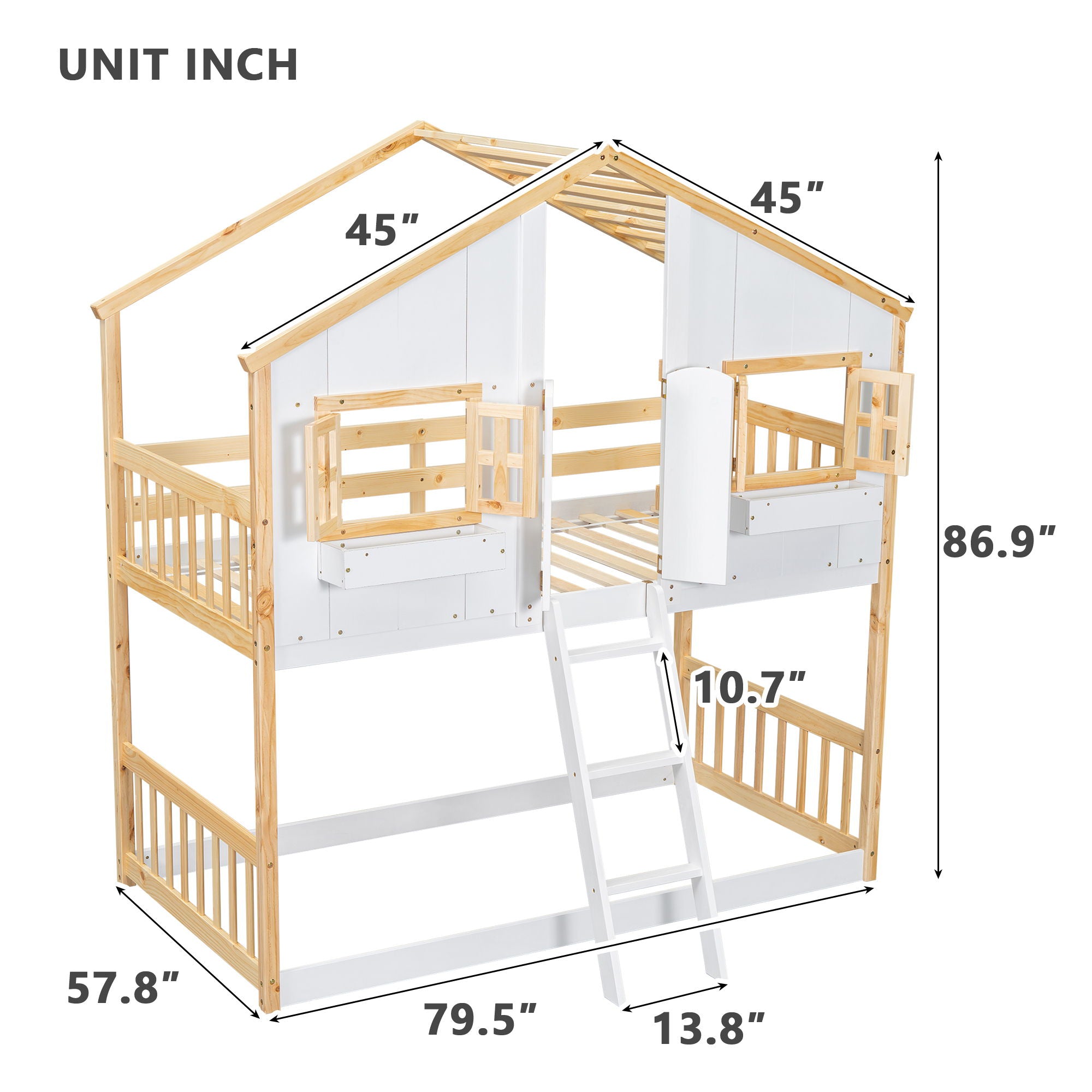 Twin Over Twin House Bunk Bed With Roof, Window, Window Box, Door, With Safety Guardrails And Ladder - Natural / White