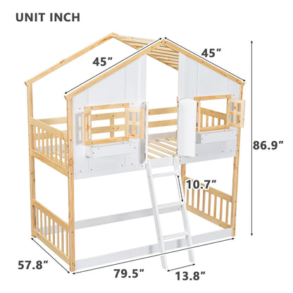 Twin Over Twin House Bunk Bed With Roof, Window, Window Box, Door, With Safety Guardrails And Ladder - Natural / White