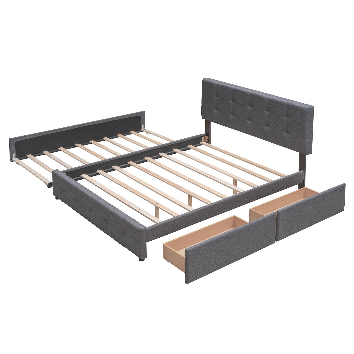 Queen Size Upholstered Platform Bed With 2 Drawers And 1 Twin Long Trundle - Dark Gray