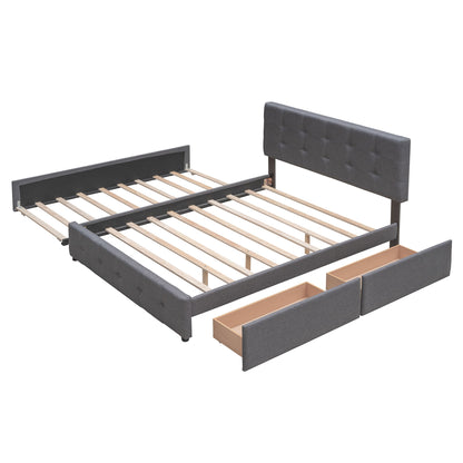 Queen Size Upholstered Platform Bed With 2 Drawers And 1 Twin Long Trundle - Dark Gray