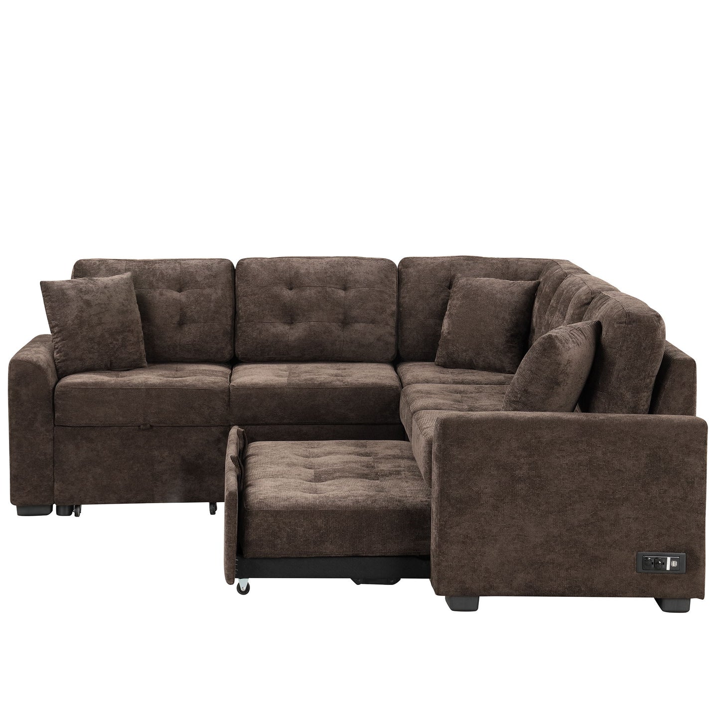 L-Shape Sofa Bed Pull-Out Sleeper Sofa With Wheels, USB Ports, Power Sockets For Living Room - Brown