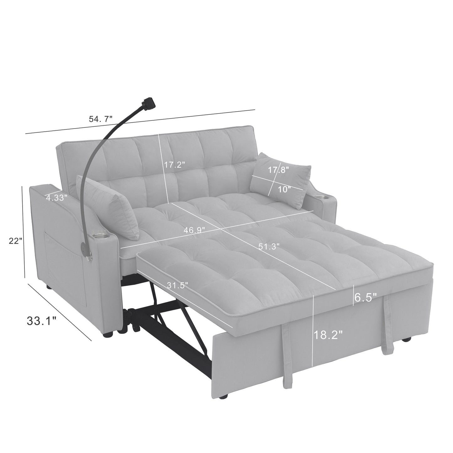Modern Velvet Loveseat Futon Sofa Couch With Pullout Bed, Adjustable Backrest, Toss Pillows - Light Gray