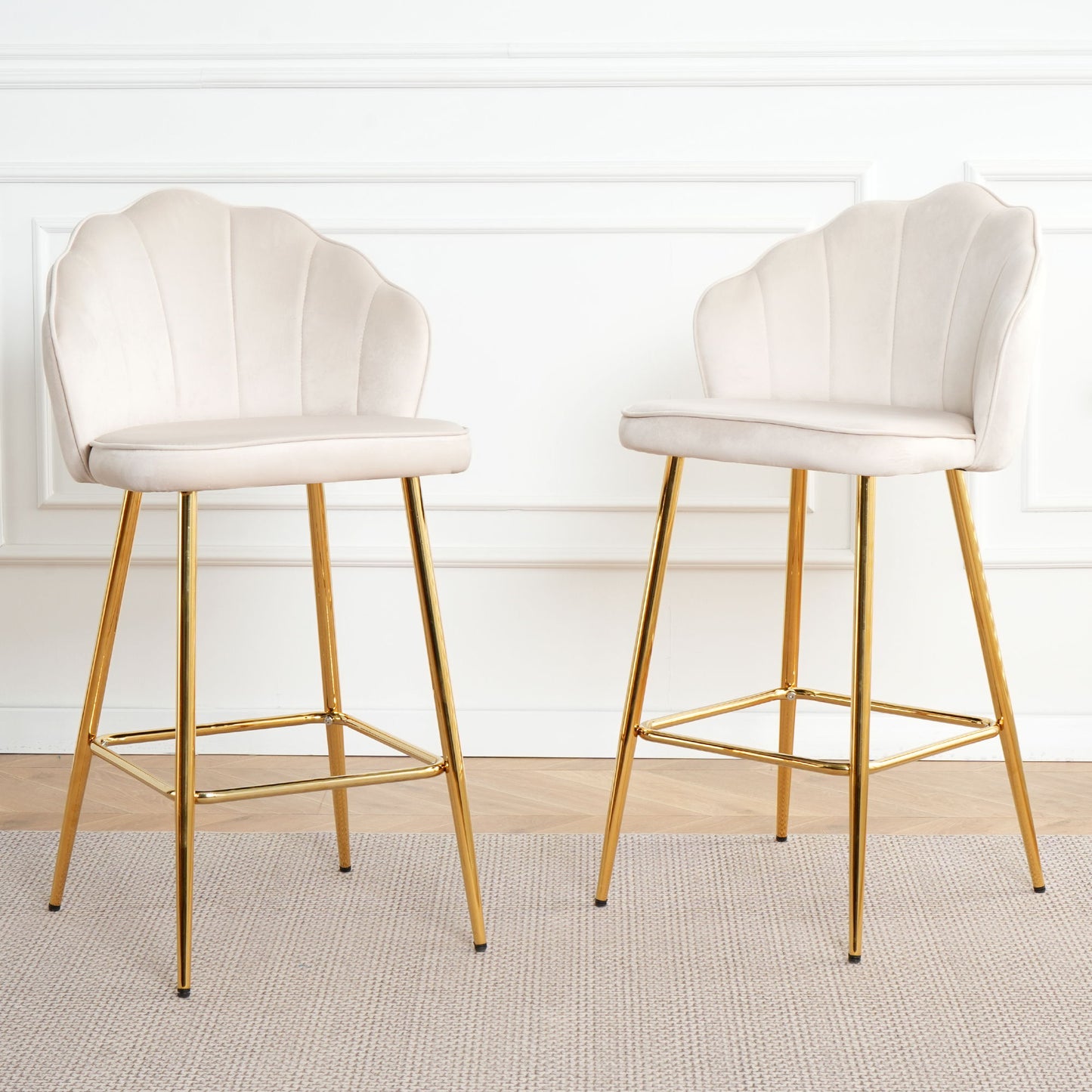 Elegant Shell Shape Off White Velvet Bar Chair Plated Metal Legs For Coffee Shops And Restaurants (Set of 2) - Gold