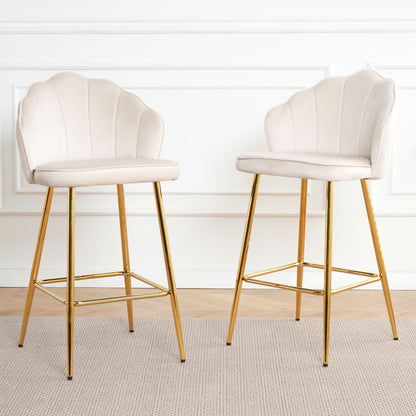 Elegant Shell Shape Off White Velvet Bar Chair Plated Metal Legs For Coffee Shops And Restaurants (Set of 2) - Gold