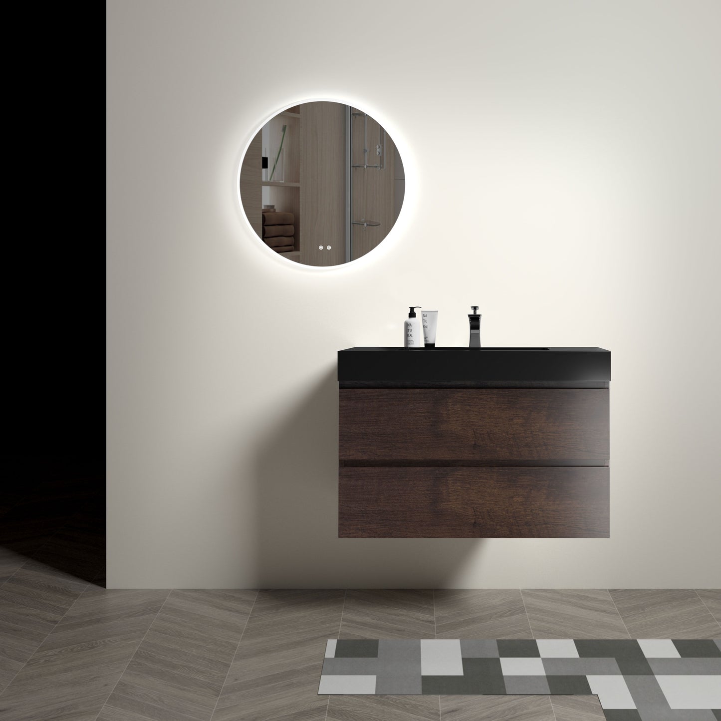 Alice - 36" Bathroom Vanity With Sink, Large Storage Wall Mounted Floating Bathroom Vanity For Modern Bathroom, One-Piece Sink Basin Without Drain And Faucet - Walnut / Black