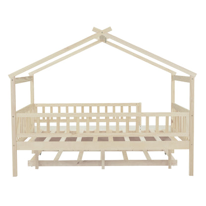 Full Size House Bed With Twin Size Trundle - Natural