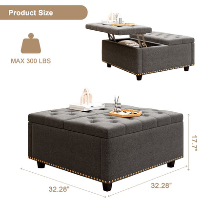 Massive Square Storage Bench, Footstool With 2 Storage Doors, Mid - Century Modern Coffee Table For Living Room, Nailhead Inlay - Dark Gray