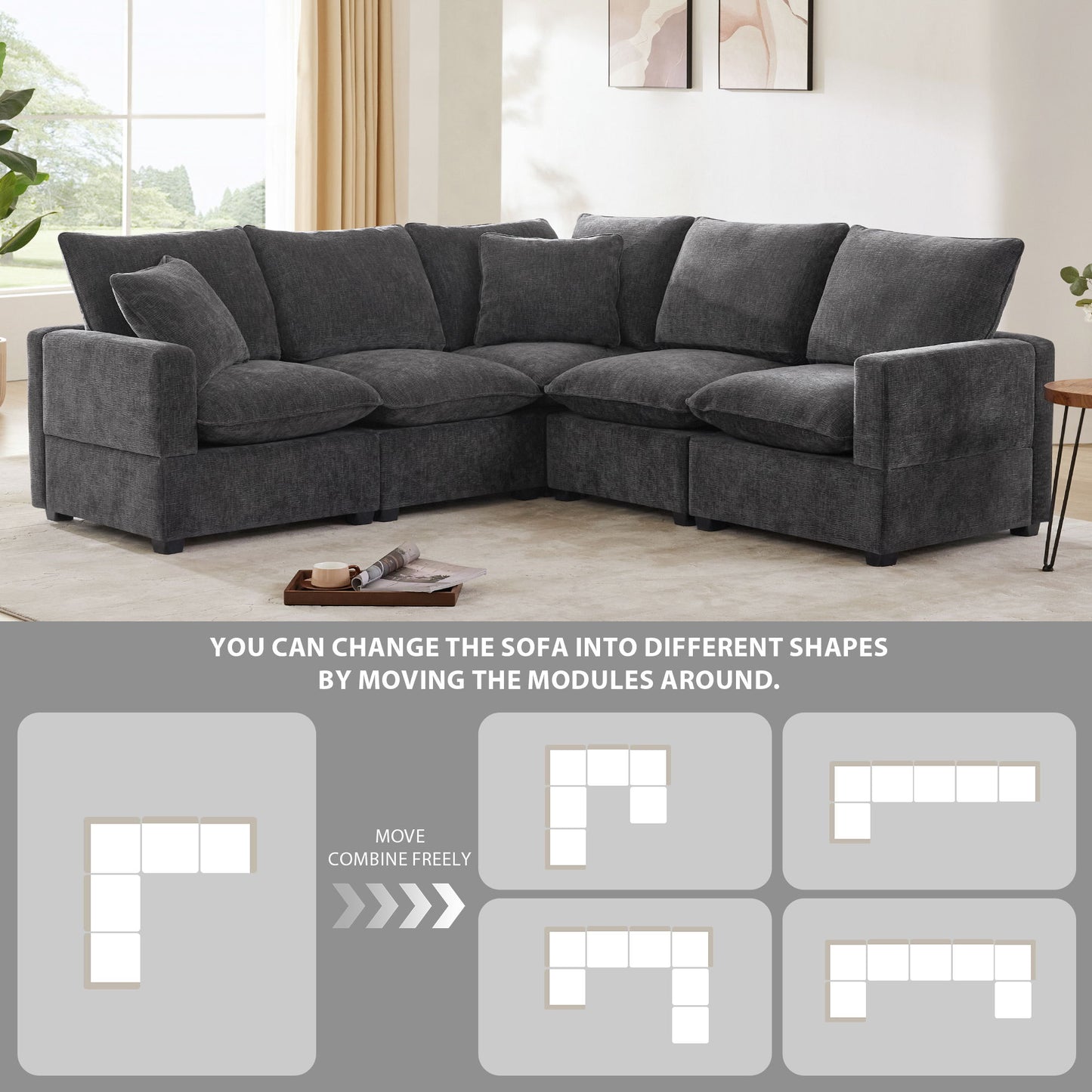 Modern L Shape Modular Sofa, 5 Seat Chenille Sectional Couch Set With 2 Pillows Included, Freely Combinable Indoor Funiture - Black / Gray