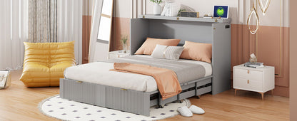 Full Size Murphy Bed With Drawer And A Set Of Sockets & USB Ports, Pulley Structure Design - Gray