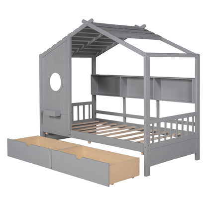 Twin Size House Bed With 2 Drawers, Kids Bed With Storage Shelf - Gray