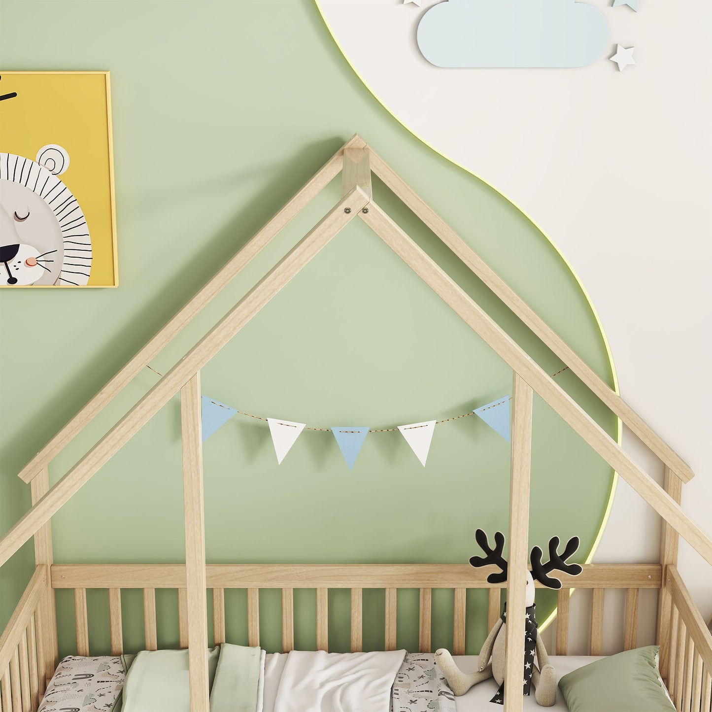 Twin Wood House-Shaped Floor Bed With Fence, Guardrails - Natural