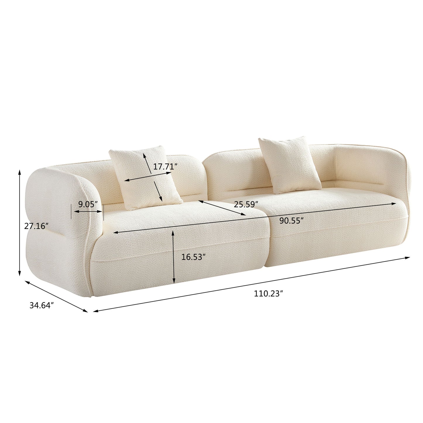 Sectional Sofa, Durable Fabric, Solid Wood Frame, High Density Sponge Filler - White