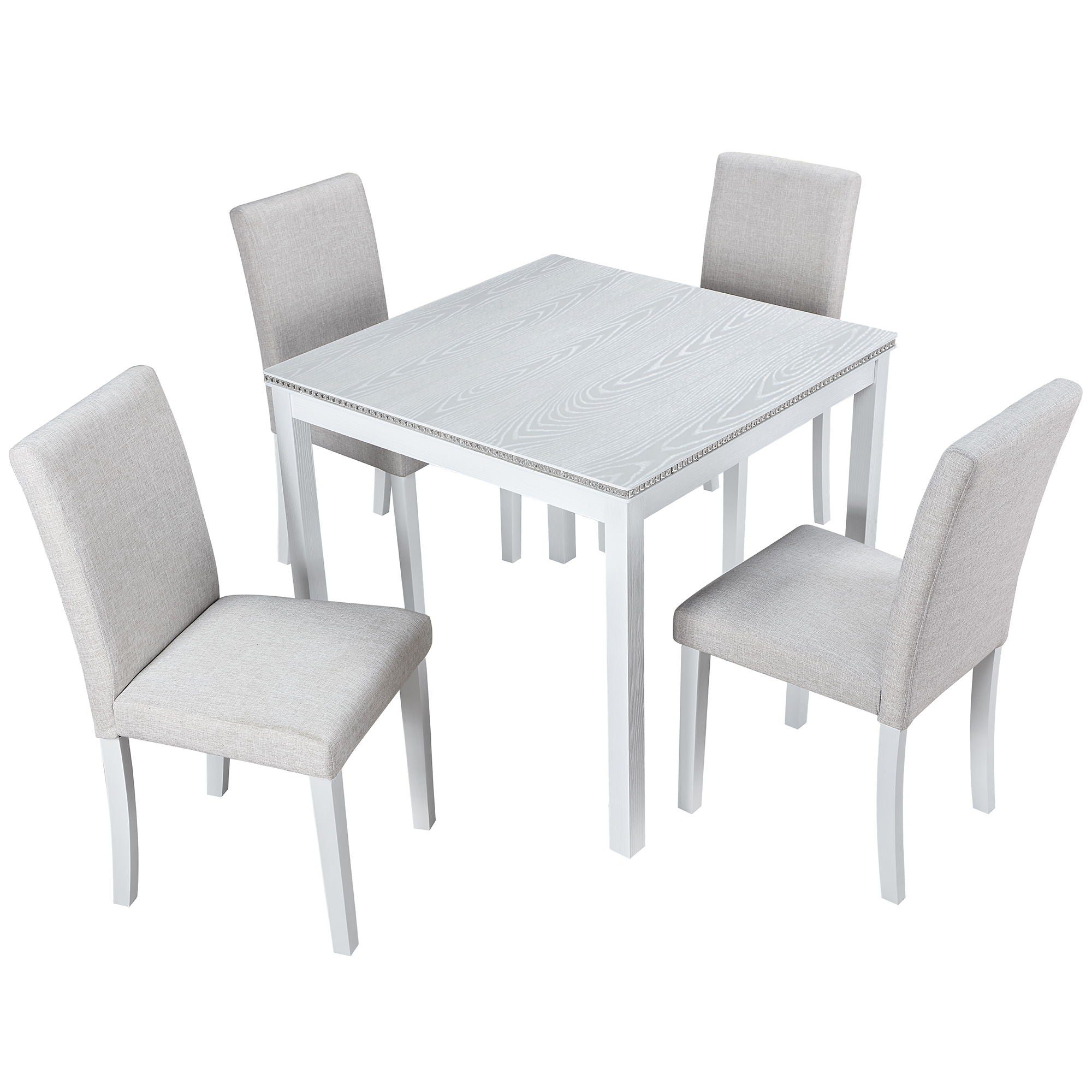 5 Piece Wooden Dining Table Set, Kitchen Table Set With 4 Upholstered Chairs, Wooden Table With Crystal Decoration And Chairs Set For Kitchen, Dining Room - White