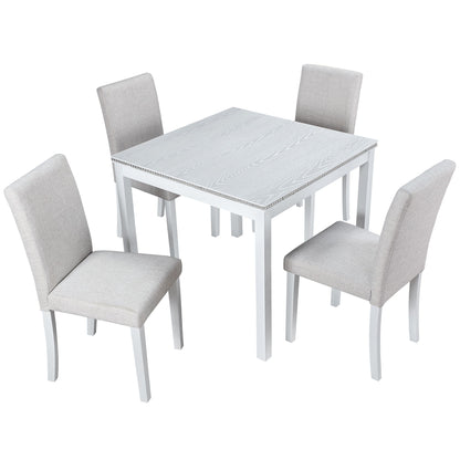 5 Piece Wooden Dining Table Set, Kitchen Table Set With 4 Upholstered Chairs, Wooden Table With Crystal Decoration And Chairs Set For Kitchen, Dining Room - White