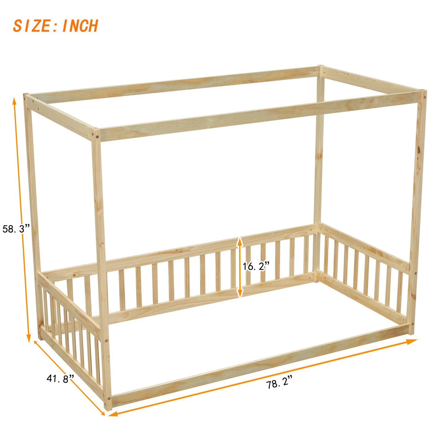 Twin Size Canopy Frame Floor Bed With Fence, Guardrails - Natural