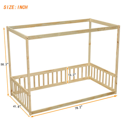 Twin Size Canopy Frame Floor Bed With Fence, Guardrails - Natural