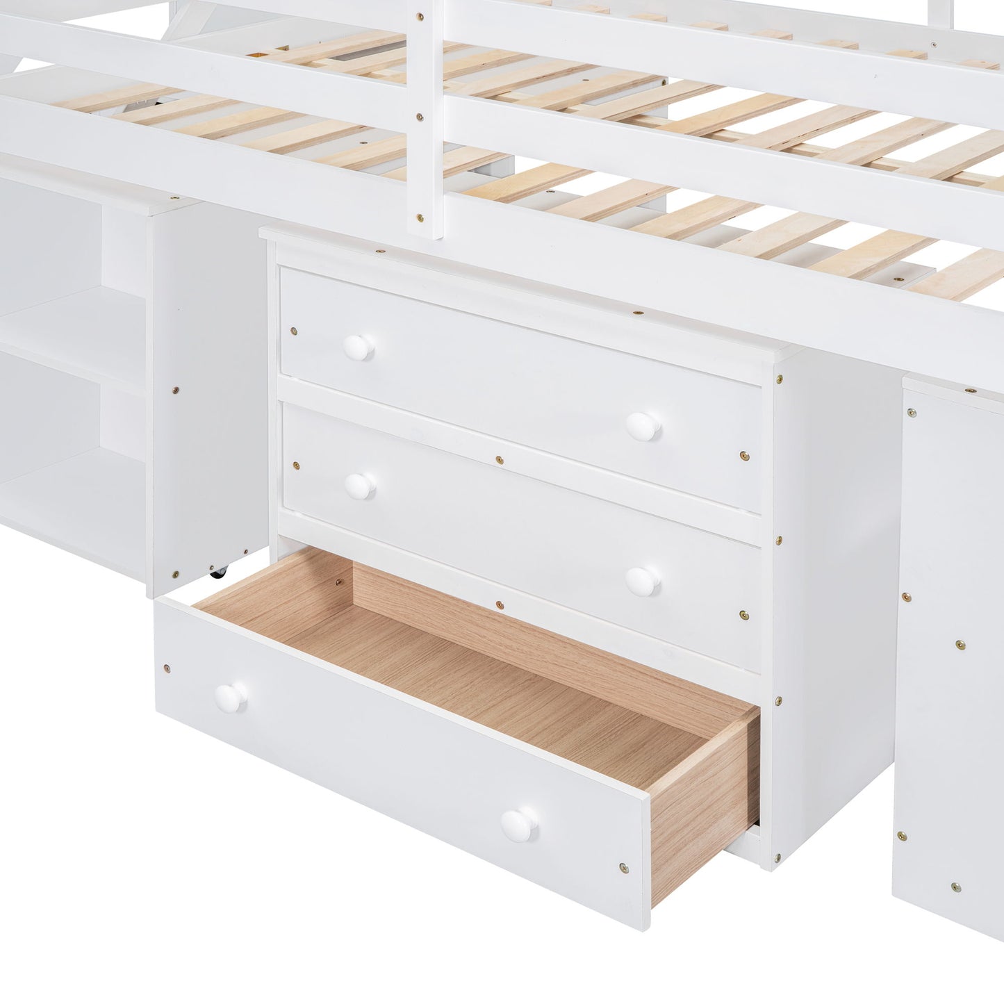 Full Size Loft Bed With Retractable Writing Desk And 3 Drawers With Storage Stairs And Shelves - White