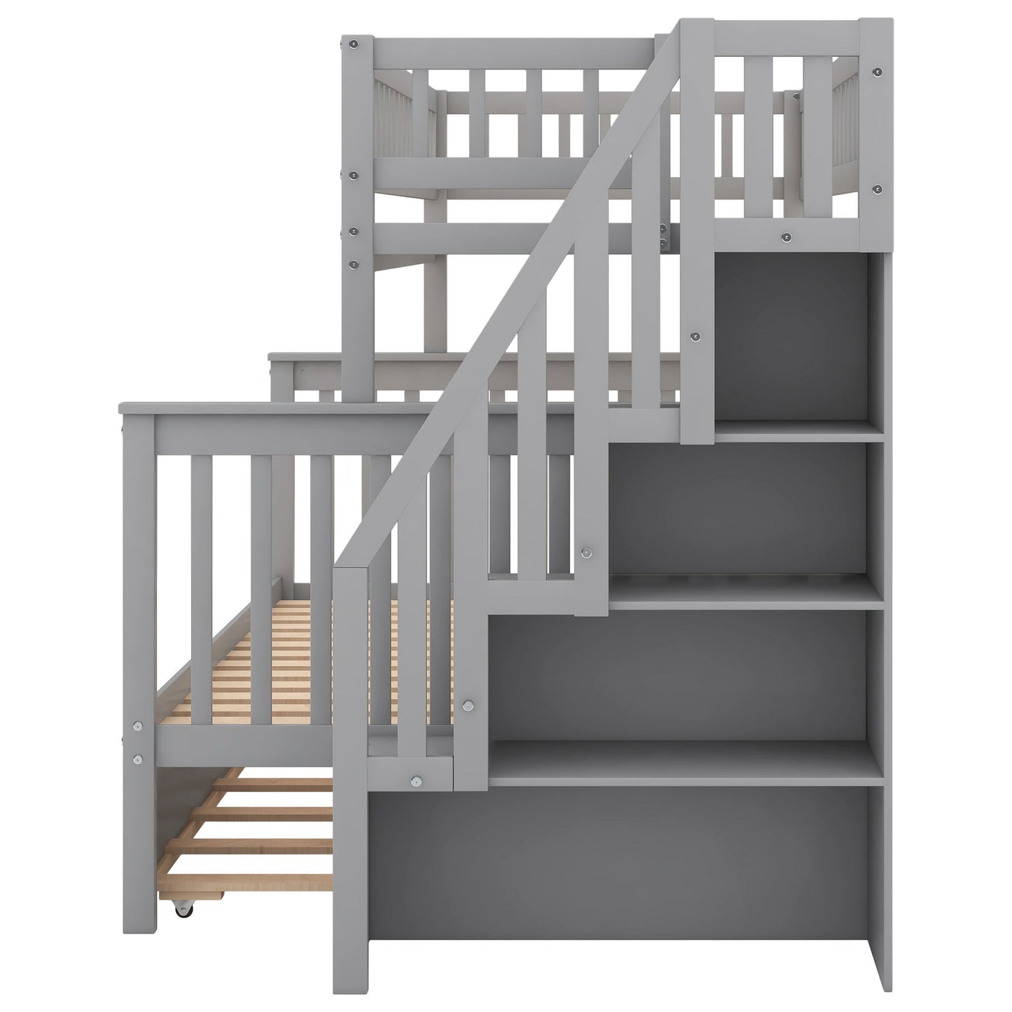Twin Over Full Bunk Bed With Trundle And Staircase - Gray