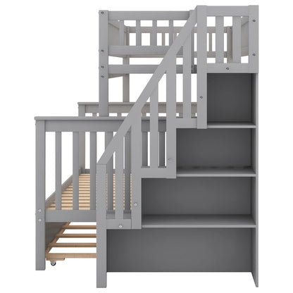 Twin Over Full Bunk Bed With Trundle And Staircase - Gray