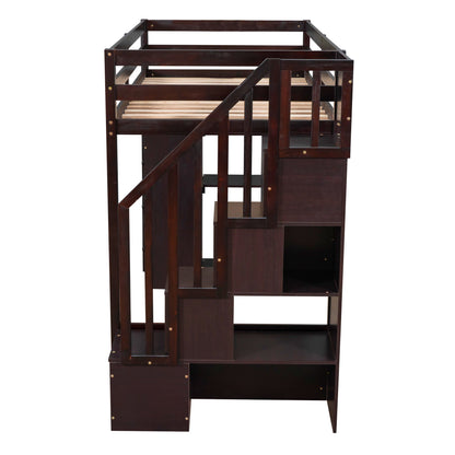 Twin Size Loft Bed With Storage Drawers And Stairs With Shelves - Espresso
