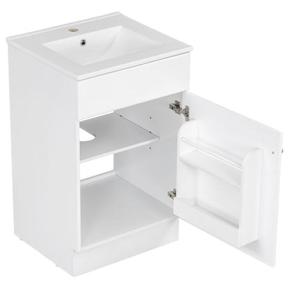 20" Bathroom Vanity With Sink, Freestanding Cabinet With Door Shelf And Adjustable Shelf, And Ceramic Construction - White