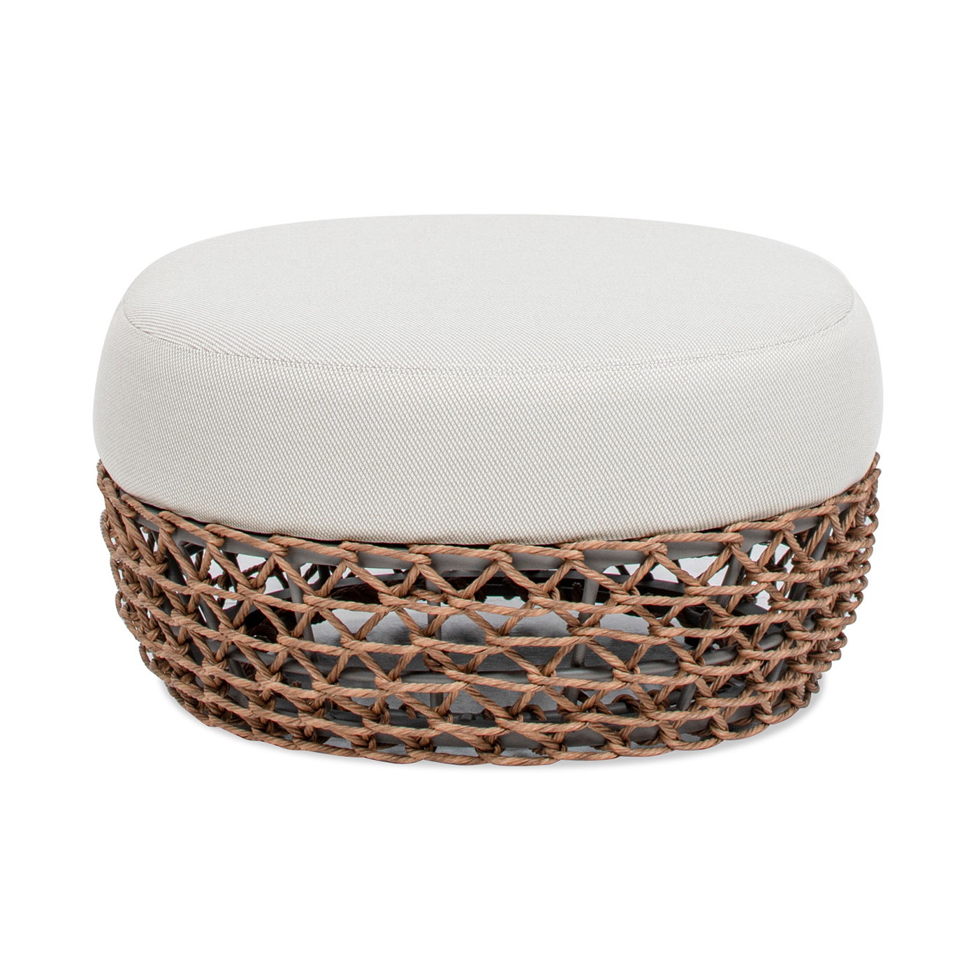 Willow - Round Upholstered Woven Patio Ottoman, Wicker Frame - Wheat Beige / Golden Brown