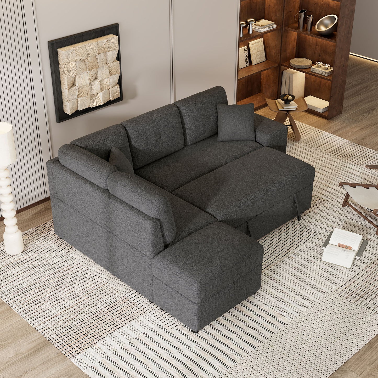 Convertible Sleeper, Sectional Pull Out Sofa Bed With Storage Ottoman, 2 Throw Pillows, 2 Stools, Wireless Charger And Two Hidden USB Ports For Living Room - Dark Gray