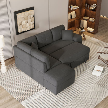 Convertible Sleeper, Sectional Pull Out Sofa Bed With Storage Ottoman, 2 Throw Pillows, 2 Stools, Wireless Charger And Two Hidden USB Ports For Living Room - Dark Gray