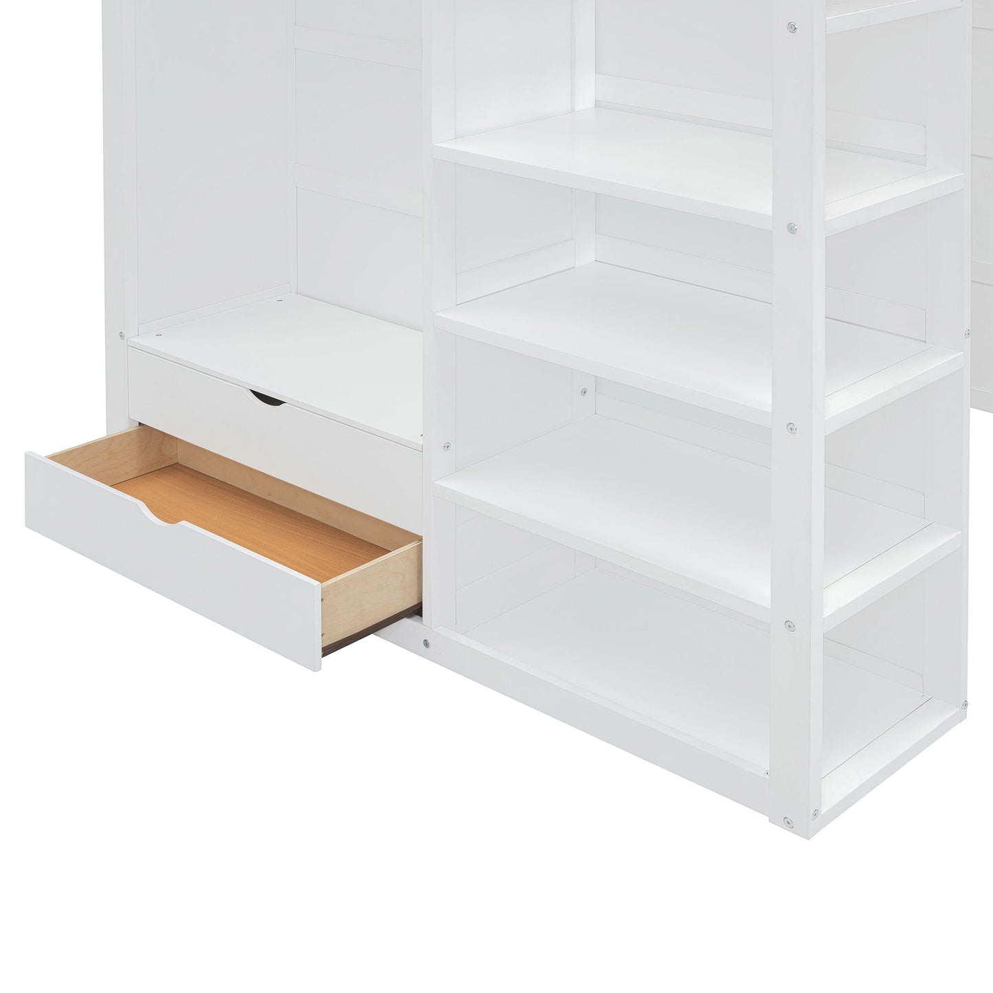Full Size Loft Bed With Desk, Wardrobes, 4 Drawers And 4 Shelves - White