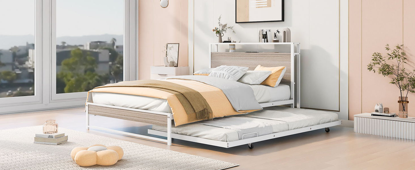 Full Size Platform Bed Frame With Trundle, USB Ports And Slat Support, No Box Spring Needed - White