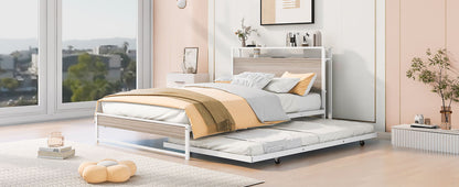 Full Size Platform Bed Frame With Trundle, USB Ports And Slat Support, No Box Spring Needed - White