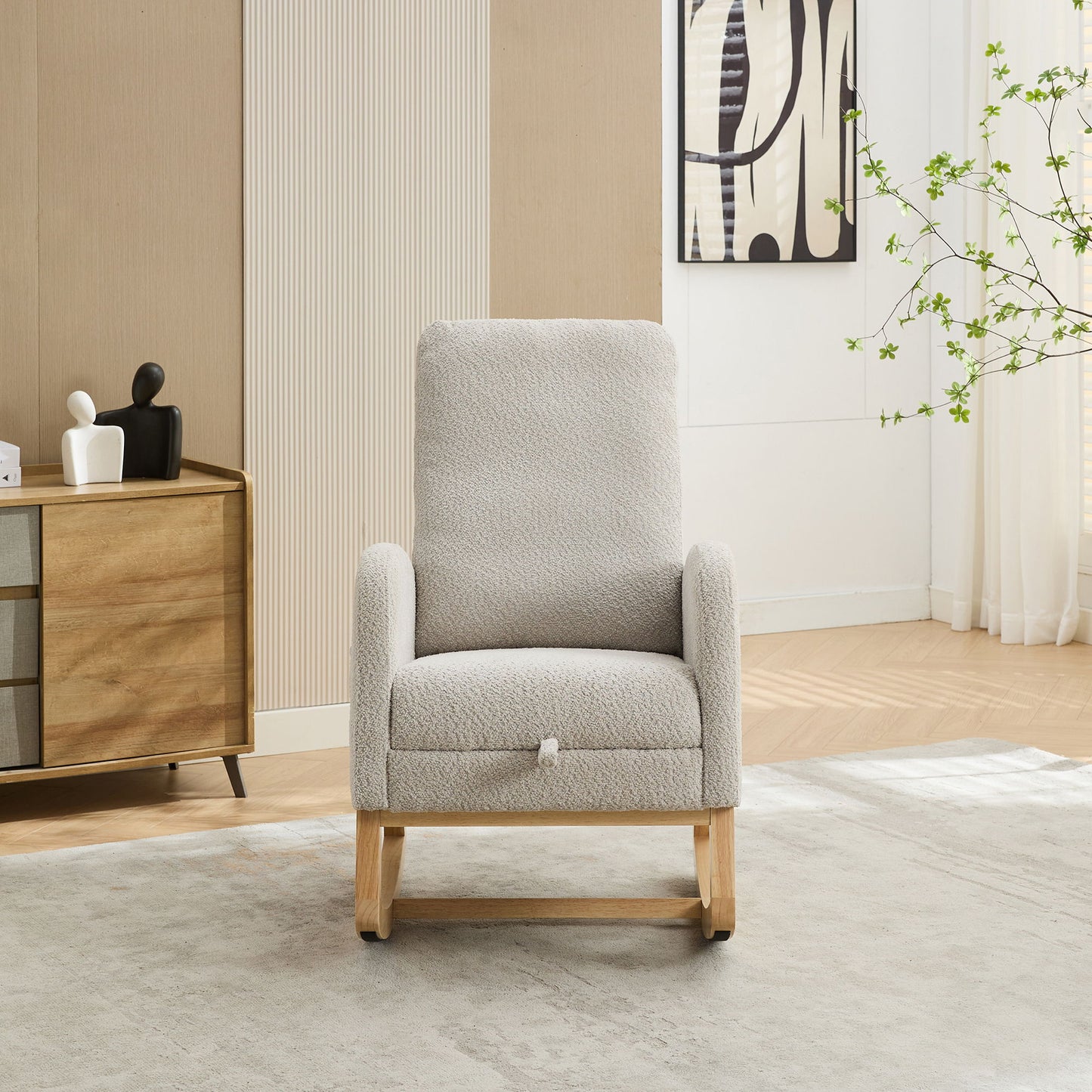 Rocking Chair For Nursery, High Back Glider Chair With Retractable Footrest, Side Pocket, Rocking Accent Armchair With Rubber Wood Legs For Living Room / Bedroom - Light Gray