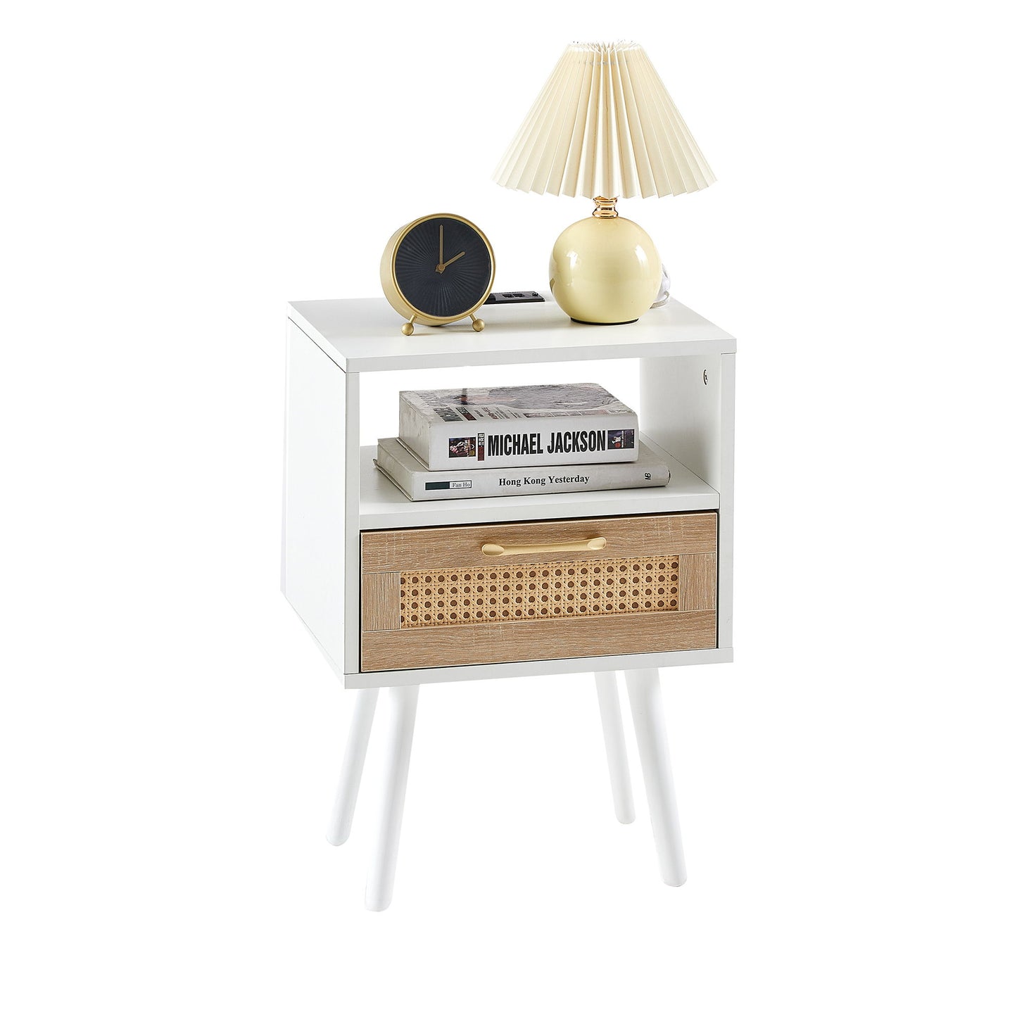 15.75" Rattan End Table With Power Outlet & USB Ports, Modern Nightstand With Drawer And Solid Wood Legs, Side Table For Living Room, Bedroom - White