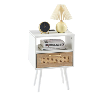 15.75" Rattan End Table With Power Outlet & USB Ports, Modern Nightstand With Drawer And Solid Wood Legs, Side Table For Living Room, Bedroom - White