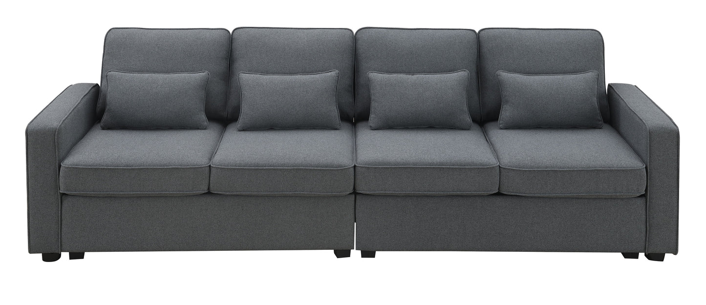 4 Seater Modern Linen Sofa With Armrest Pockets And 4 Pillows, Minimalist Style Couch - Dark Gray