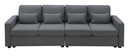 4 Seater Modern Linen Sofa With Armrest Pockets And 4 Pillows, Minimalist Style Couch - Dark Gray