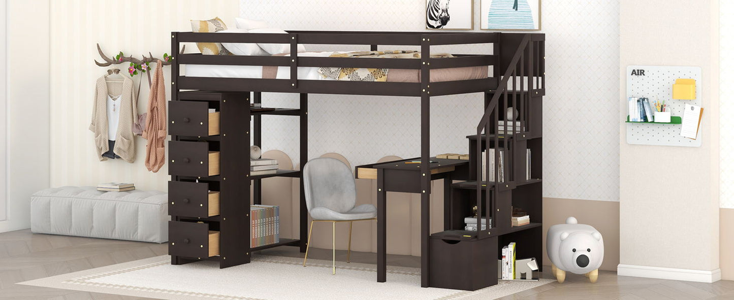 Twin Size Loft Bed With Storage Drawers, Desk And Stairs With Shelves - Espresso