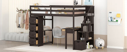 Twin Size Loft Bed With Storage Drawers, Desk And Stairs With Shelves - Espresso