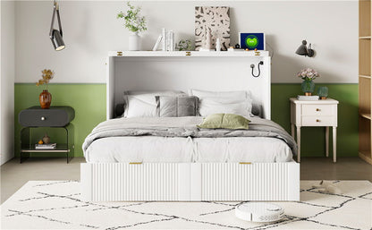 Full Size Murphy Bed With Drawer And A Set Of Sockets & USB Ports, Pulley Structure Design - White