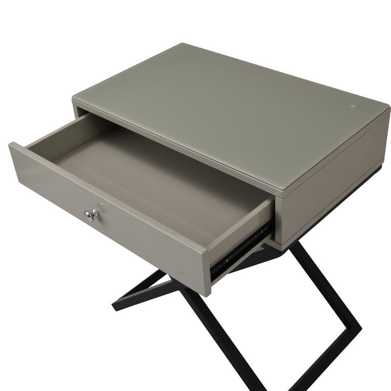 Koda - Wooden End Side Table Nightstand With Glass Top, Drawer And Metal Cross Base - Taupe
