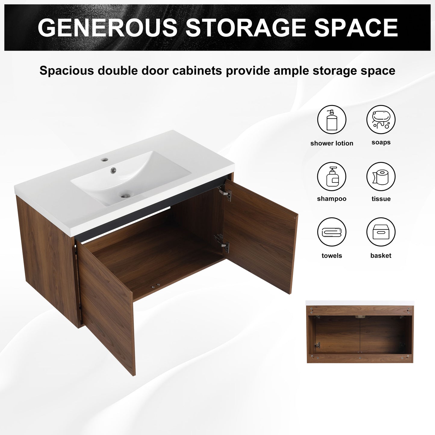 36" Bathroom Vanity Set With Resin Countertop Sink And 2 Doors - Brown