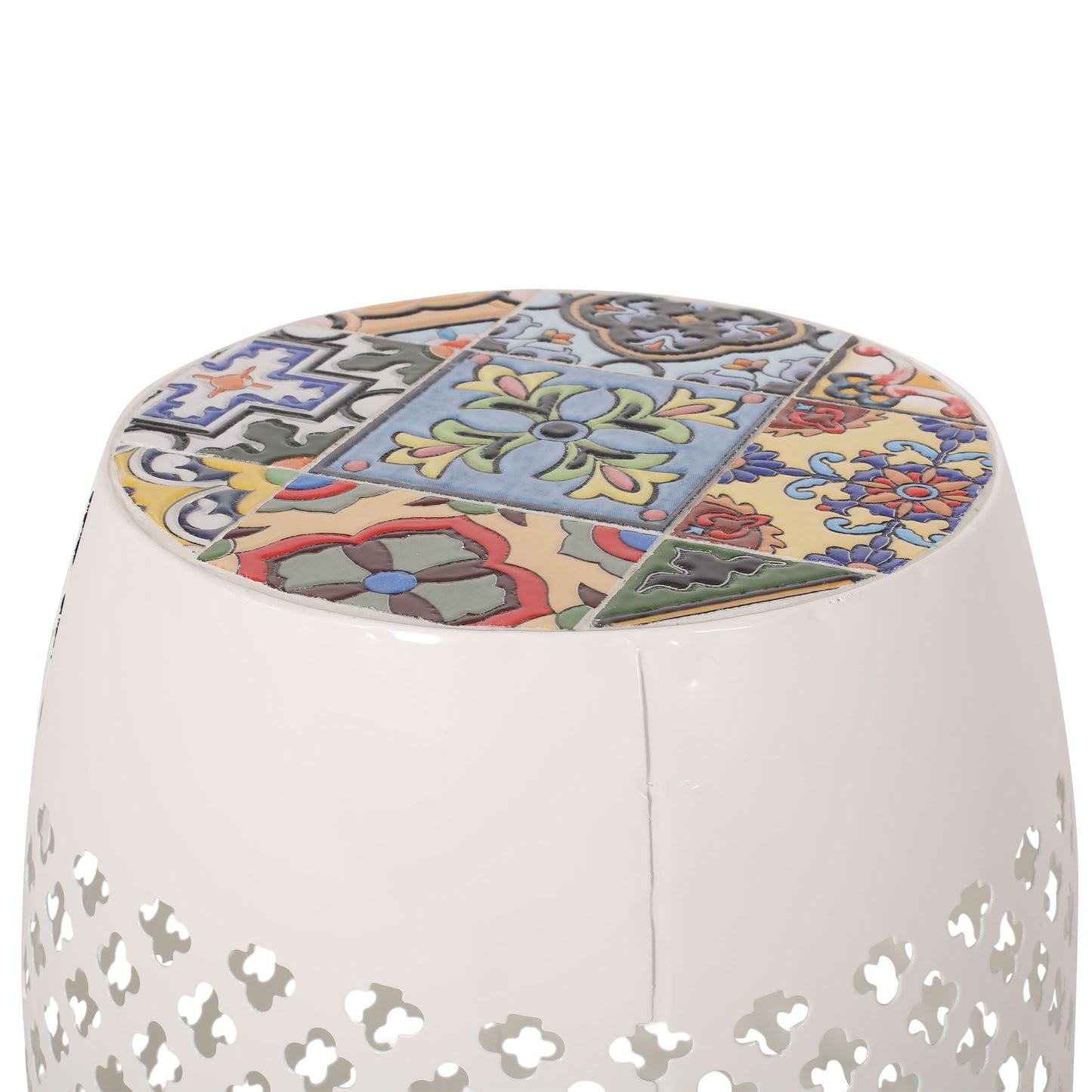 Transitional Roswell - Side Table With Tile Mosaic Top And Lace Cut Metal Frame - White