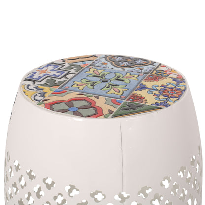 Transitional Roswell - Side Table With Tile Mosaic Top And Lace Cut Metal Frame - White