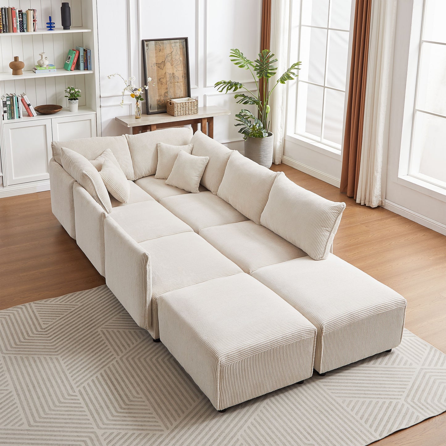 Multi Module Combination Style Sofa For Living Room And Other Lounge Spaces, Modern Minimalist Corduroy Combination Sofa With 2 Comfort Cushions With USB & C Charging Ports, 2 Sets - Beige