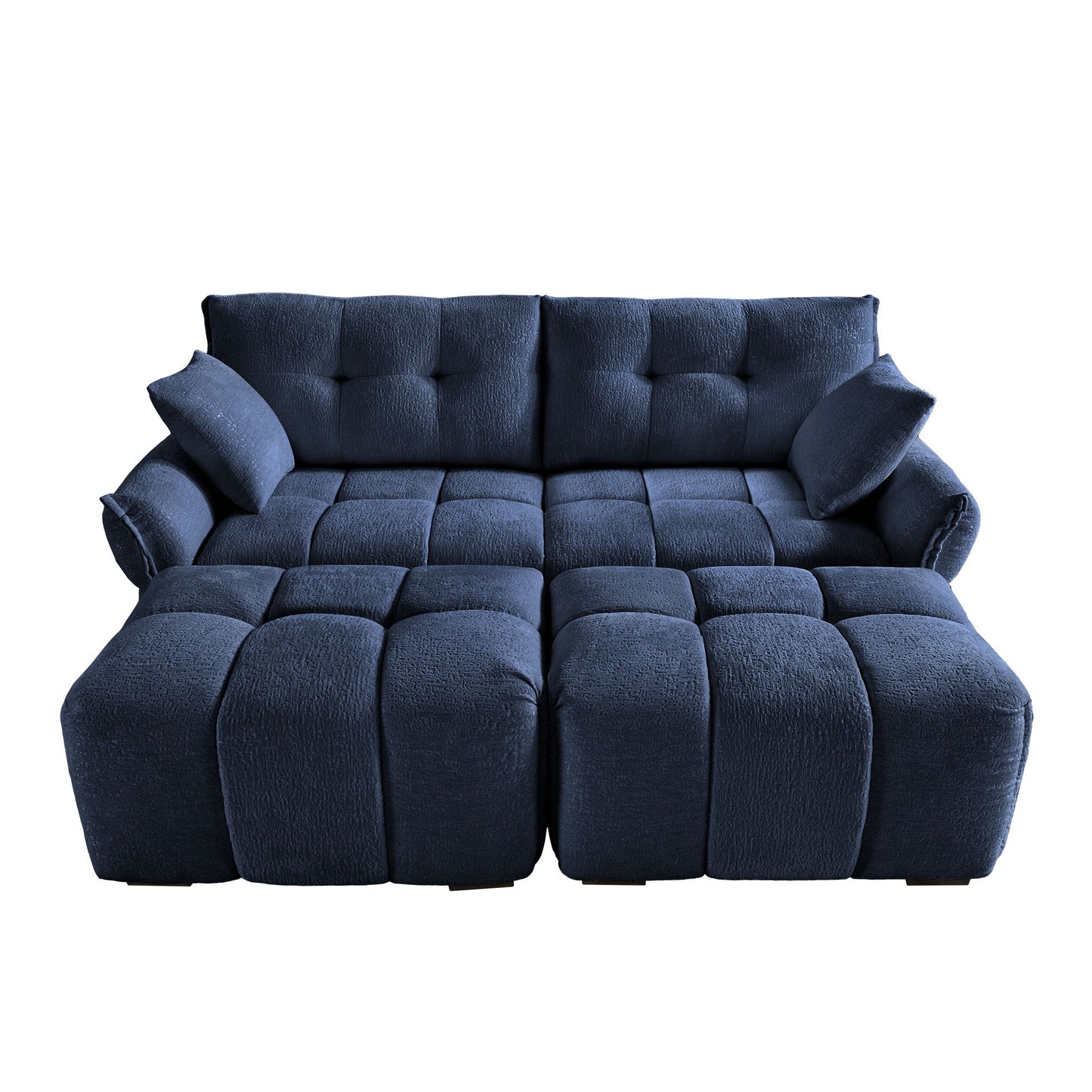 Cozy Plush 2 Seater Sofa Set With Ottomans And Throw Pillows - Blue