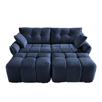 Cozy Plush 2 Seater Sofa Set With Ottomans And Throw Pillows - Blue