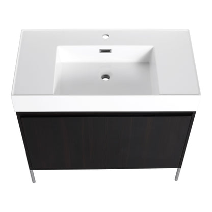 Minimalist 36" Freestanding Bathroom Vanity With Resin Sink And Storage Cabinet - Dark Oak