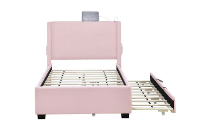 Twin Size Upholstered Bed Frame With Trundle Bed, Teddy Fabric, USB Functionality, And A Pocket Design On The Side Of The Headboard For Storing Small Items - Baby Pink